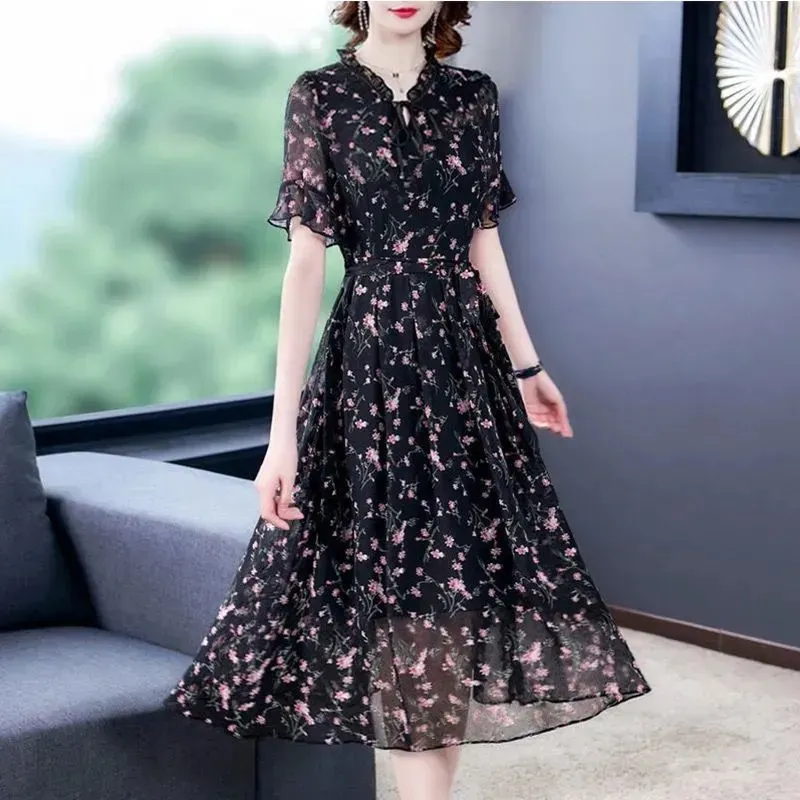 Women Summer Chiffon Printed Dresses 2025 Spring Summer Long Elegant Drawstring Dress Female Large Size Midi Dresses 6XL W752 — image 1