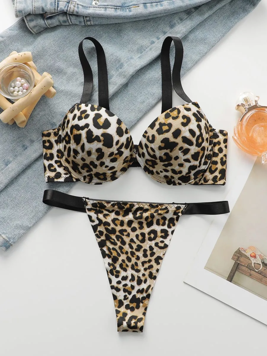 Sexy leopard print 2-piece set with gathered lifting and thickened steel support bra set for women's underwear B2051 — image 1