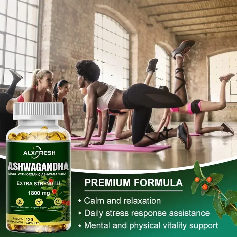 Alxfresh Pure Ashwagandha Root Extract Capsules 1800mg for Natural Mood Stress Focus Brain Energy Sleep Health Support