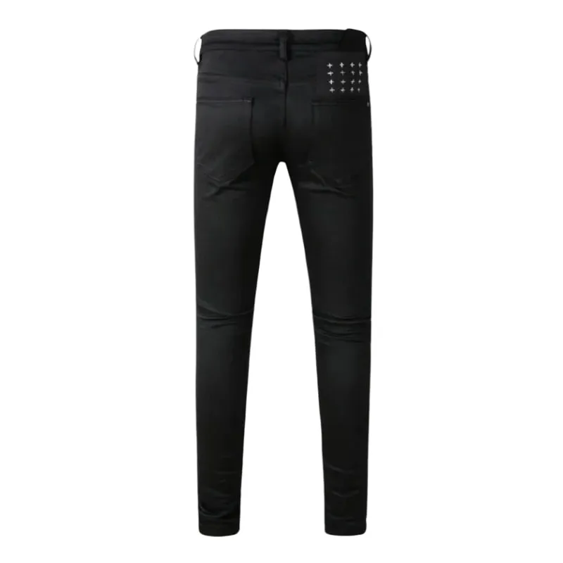 Men's High Street Black Coated Denim Jeans Washed Skinny Fit Embroidered Letter Motif Button Fly Versatile Year‑Round Outfit — image 2