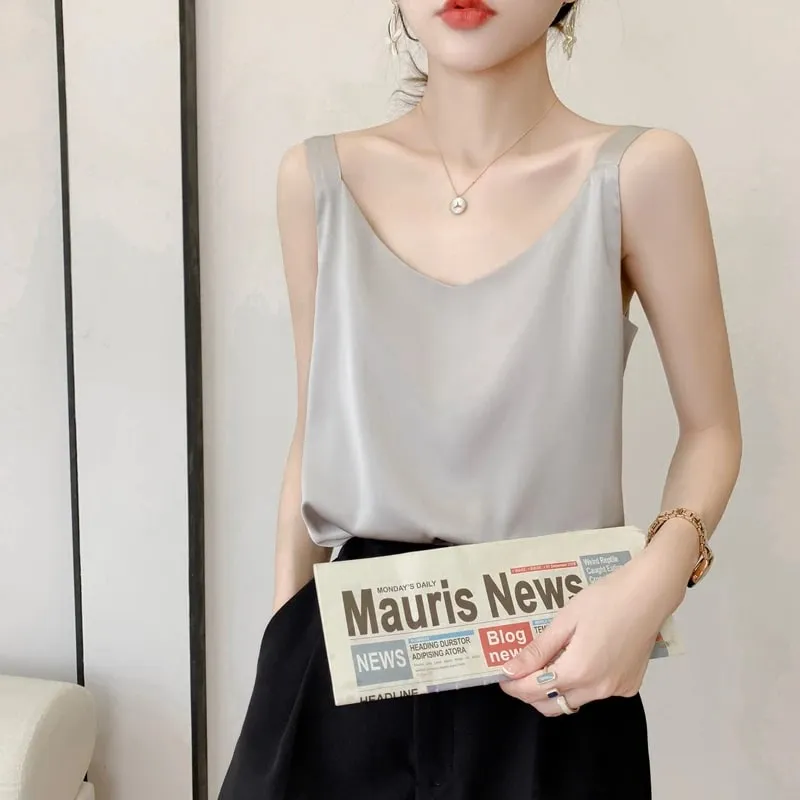 Silk Camisole Ladies Summer Suit Inside V-Neck Satin Bottoming Vest 2025 Thin Loose Sleeveless Sling Silk Tops Small Shirt Trend — image 11