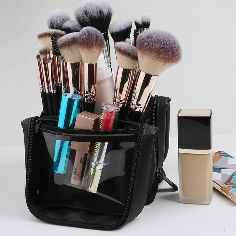 Leather Makeup Brushes Storage Bag Stand-up Makeup Brushes Organizer Bags Large Capacity Foldable Comestic Tool Bags With Zipper — image 3