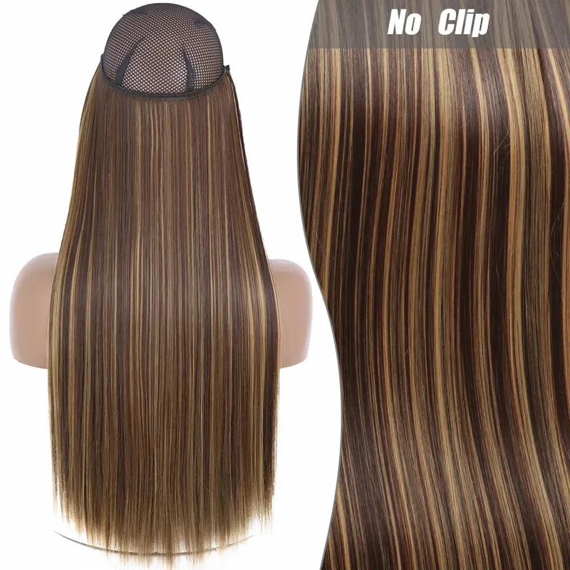 Synthetic Long Wavy No Clips Invisible Wire Hair Extensions Black Brown Blonde Fish Line False Hairpiece Piece — image 10