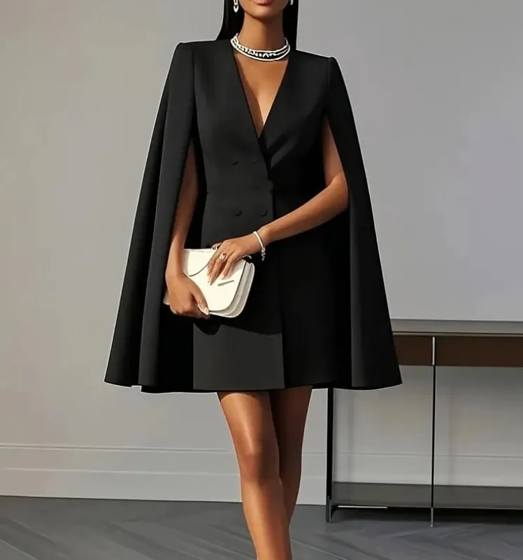 Womens Dresses 2025 Spring Autumn New Commuting Double Breasted Shawl Cape Solid Color V-Neck Mini Dress Women's Clothing