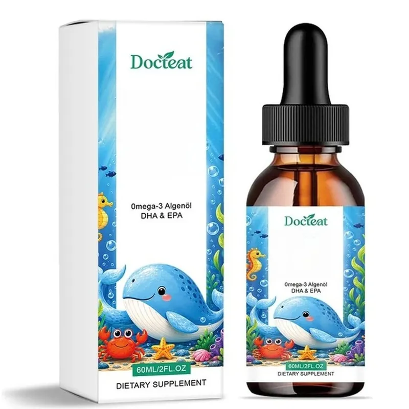 Docteat óleo de algas ômega-3 à base de plantas DHA EPA gotas líquidas crianças saúde do cérebro vegano não-OGM nutrição diária laranja 60 porções
