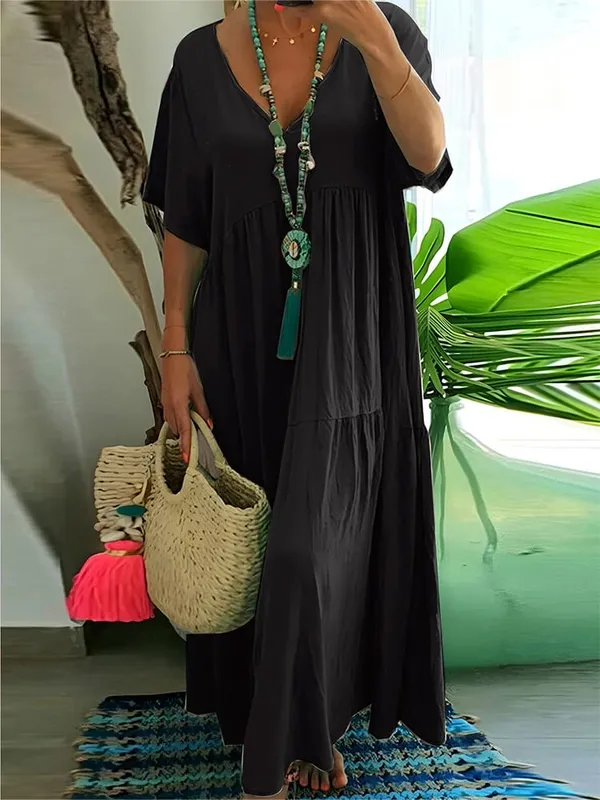 plus Size Women's Casual Loose V-Neck Solid Long Dress Spring Summer Pleated Big Size Women's Dress — image 9