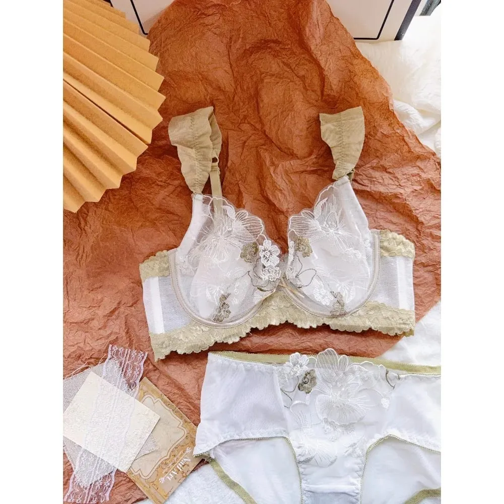 Damen-BH-Set aus französischer Spitze mit Blumenmuster, ultradünn, Kaninchenohr-Cup, weicher Bügel, sexy Dessous, große Büste, Minimizer, atmungsaktiver Alltags-BH — image 4