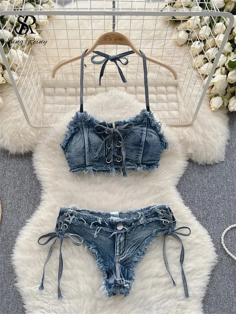 Retro Women Bikini Denim Suits Summer Halter Camis+ Mini Pant Lingerie Fashion Vacation Swimsuits Sexy Bra&Briefs Sets — image 1