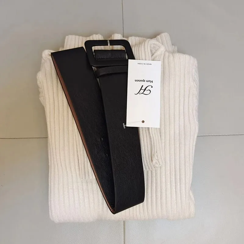 H Han Queen Knitted Bodycon Dress Bottoming Women Soft Elastic Turtleneck Sweater Autumn Winter Midi Party Dresses With Belt — image 16