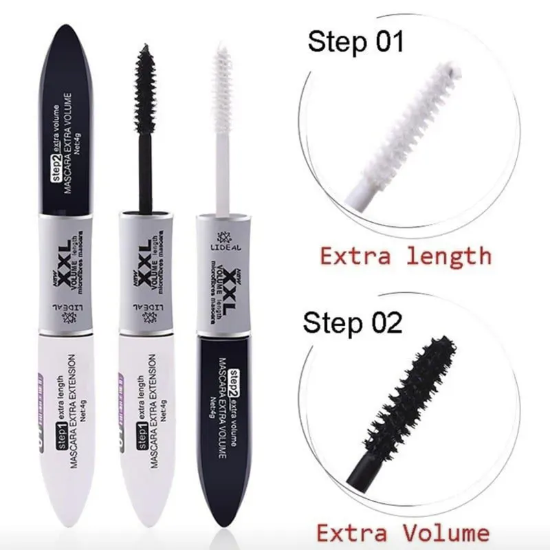Ultrasort dobbeltendet mascarafiberforlængende og volumengivende langtidsholdbar øjenmakeup med sorte og hvide børstehoveder — image 4