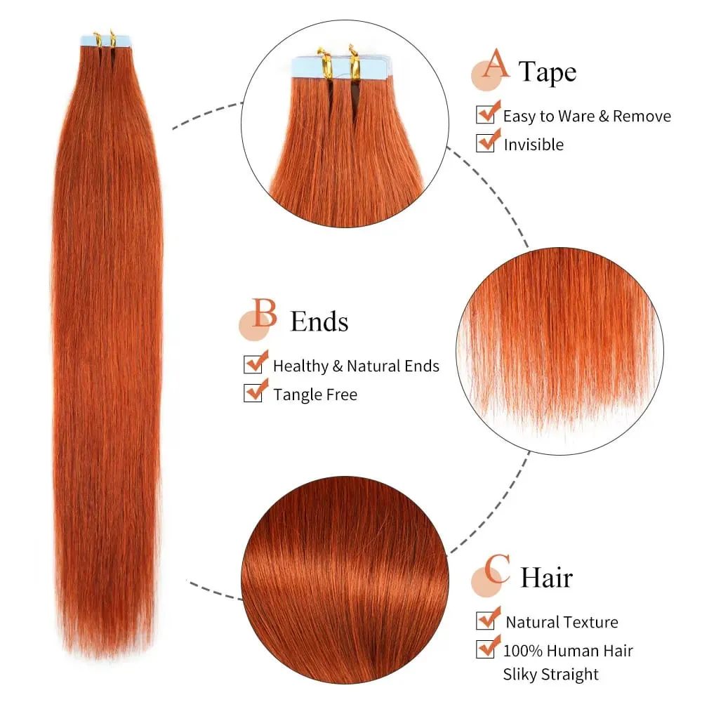 Veravicky cuivre rouge 50G ruban dans les Extensions de cheveux humains peau trame adhésif Invisible Machina Remy sans couture 100% vrais cheveux — image 5