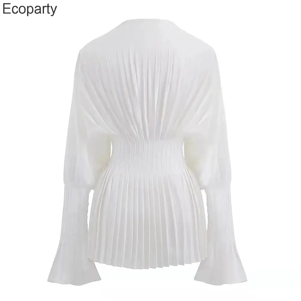 Women Loose White V-Neck Pleated Shirts Elegant Casual Chiffon Shirt Ladies Lantern Full Sleeve Tops Blouses 2024