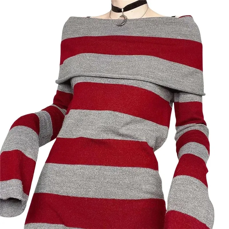 Y2K Striped Sweater Mini Dress Mall Goth Grunge Emo Bodycon Chic Women Off Shoulder Full Sleeve Slim Fit Dresses 00s Vintage — image 4