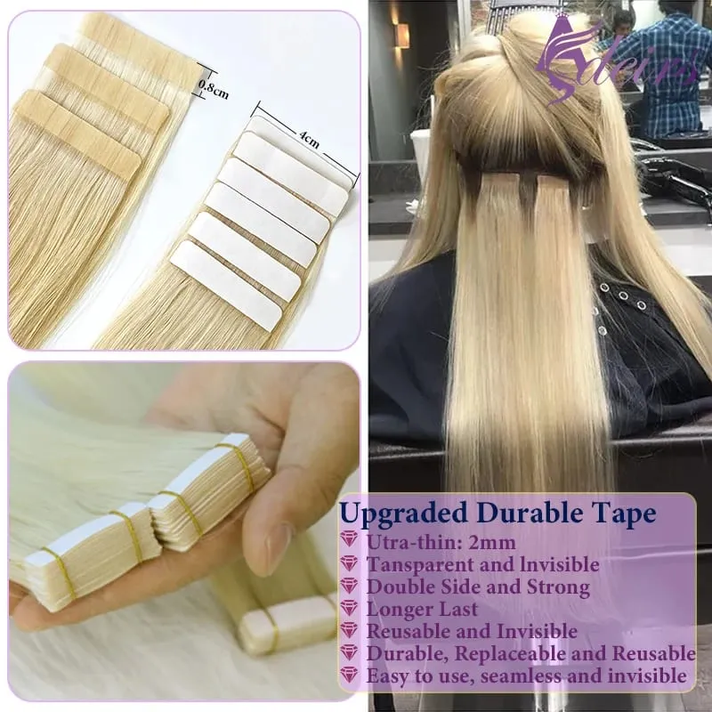 Straight Tape In Human Hair Extensions 100% Real Hair Extensions 16"-24" Black Brown Blonde #613 Invisible Tape In