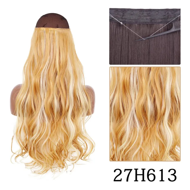Synthetic No Clip Adjustable Fish Line Hair Extensions Natural Blonde Brown Long Wavy Heat Resiatant Hairpiece For Women