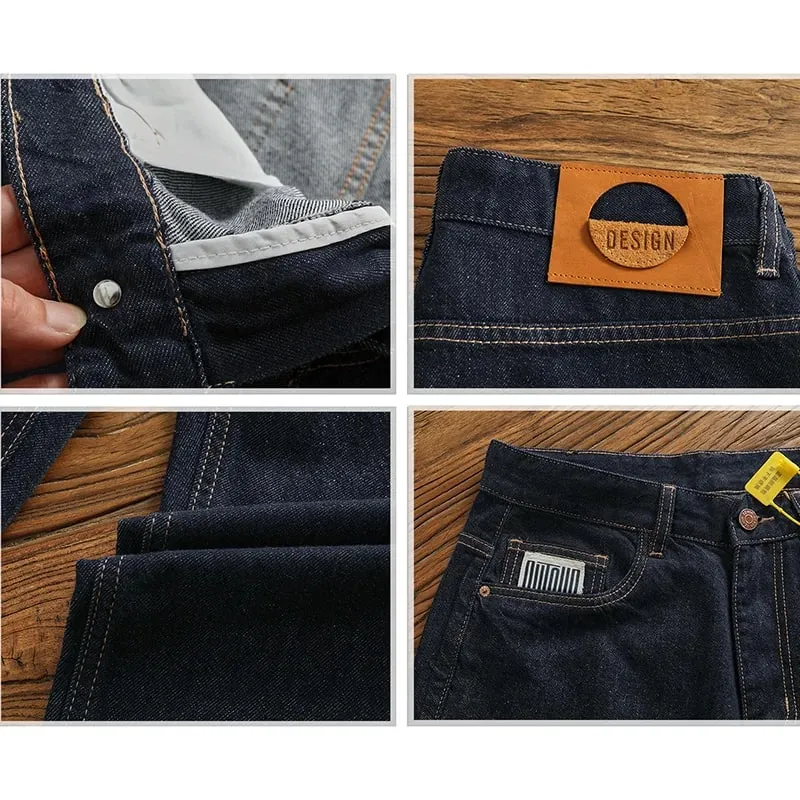 Anti-fading solid color general wash primary color denim jeans men's dark American casual loose straight cone pants — image 7