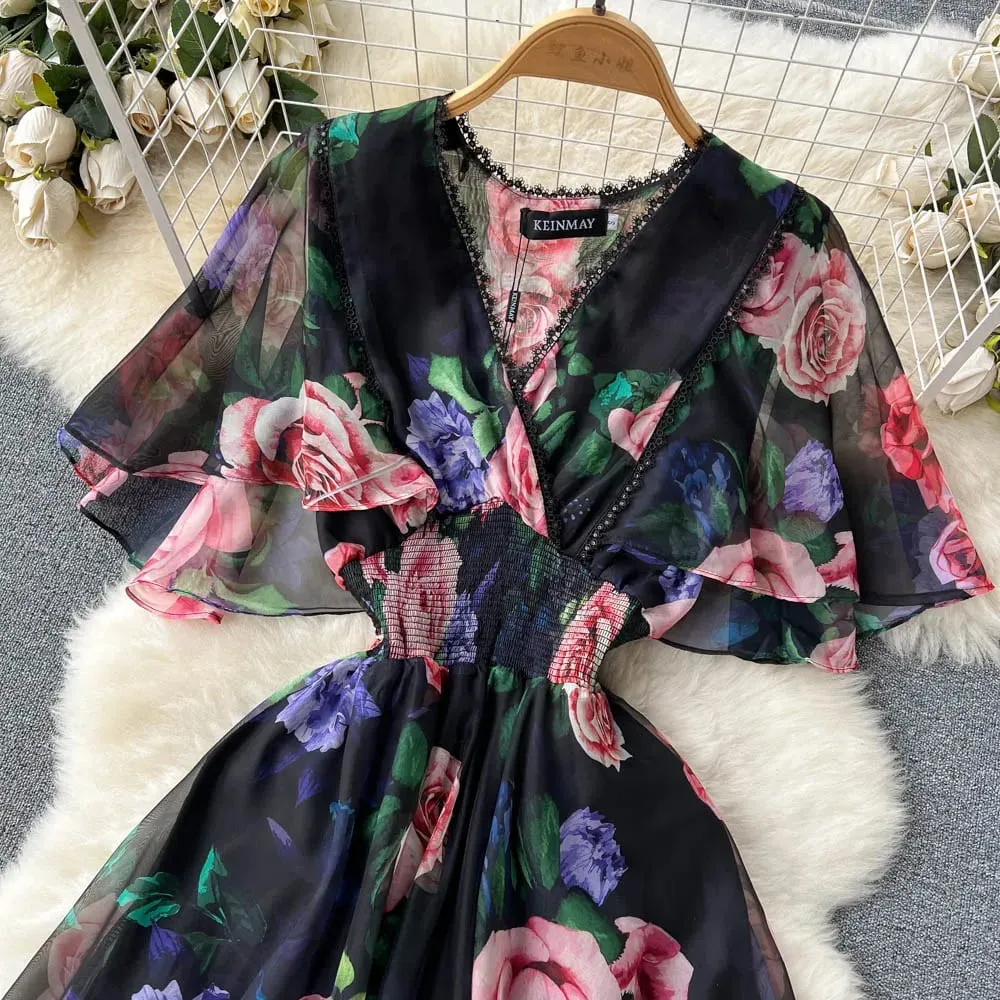 Retro Print Elegant Ruffle Short Sleeve V Neck Dress A-line Casual High Waist Women Summer Dresses — image 3