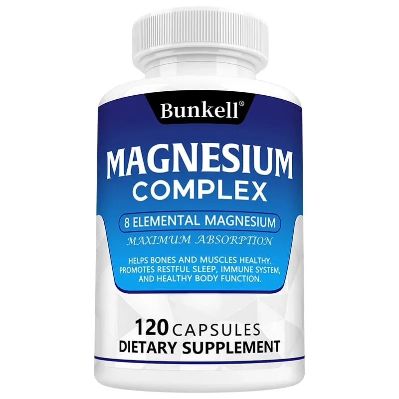Complesso di magnesio 120 capsule - Integratore per la salute dei muscoli ossei e del cuore Supporto per il sonno Rilassamento muscolare Sollievo dallo stress e dall'ansia