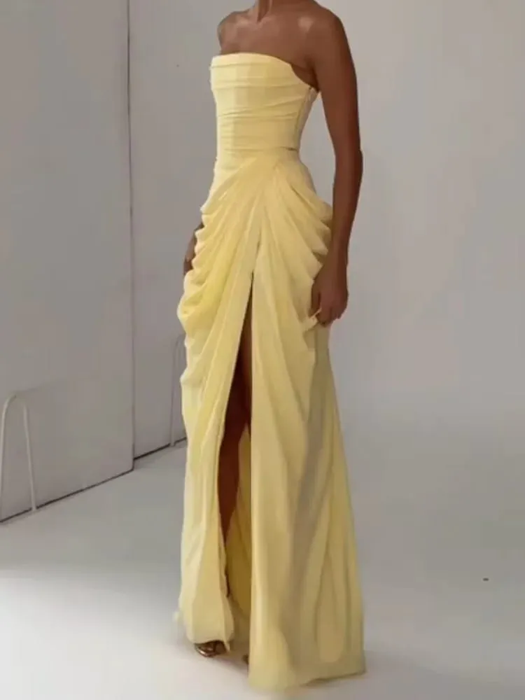 Robe plissée couleur unie, Sexy, sans bretelles, fendue, Chic, dos nu, taille haute, épaules dénudées, robes de soirée, nouvelle collection 2026 — image 2