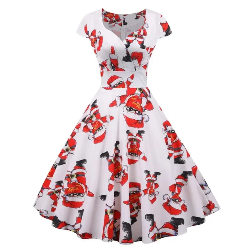 Mode V-ausschnitt Kurzarm Gedruckt Weihnachten Kleid Große Schaukel Vintage Elegante Weihnachten Party Kleid — image 8