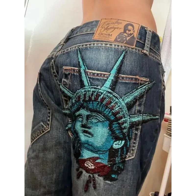 American vintage Liberty Goddess diamond jeans high-waisted straight-cut wide-leg jeans Y2K casual Ins street wear long pants — image 4