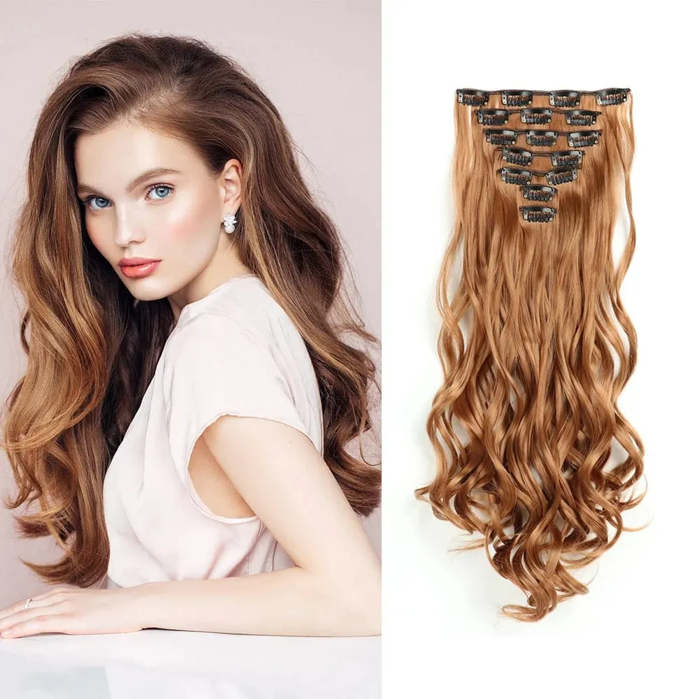 Clip In Hair Extensions 7PCS Full Head 22 Inch Long Curly Wavy Synthetic Hair Pieces Natural Wavy For Women Girls Hair — image 24