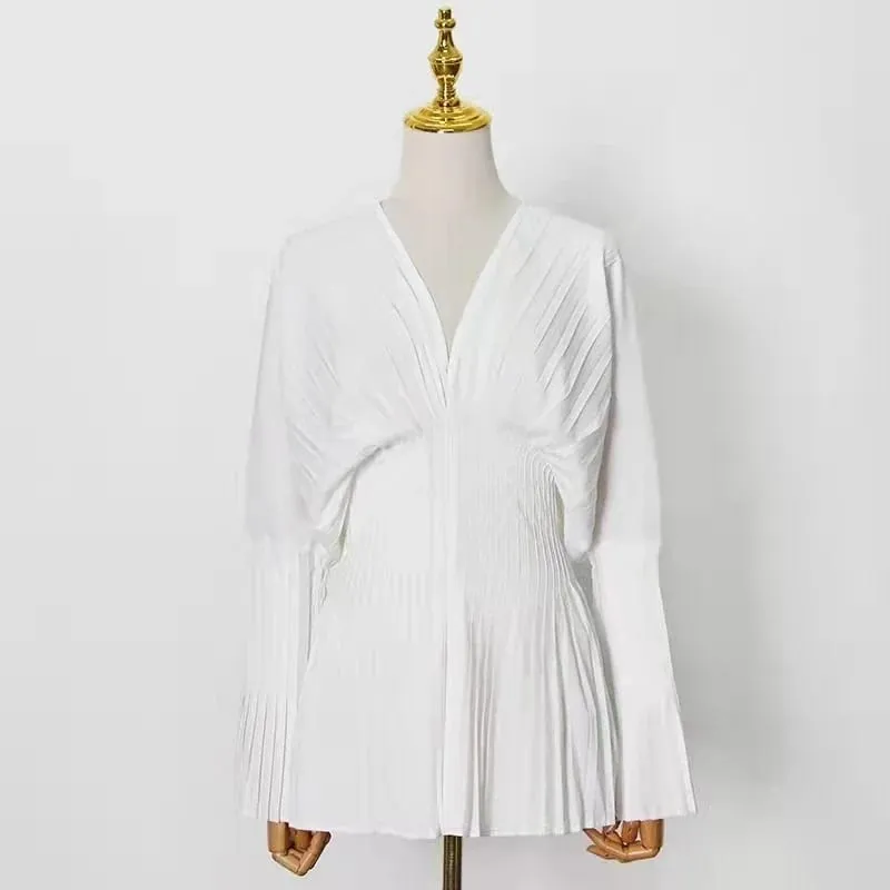 Women Loose White V-Neck Pleated Shirts Elegant Casual Chiffon Shirt Ladies Lantern Full Sleeve Tops Blouses 2024