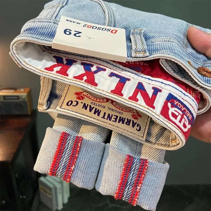 Printed Embroidered Summer Trendy Brand Jeans for Men Light Blue Elastic Slim Fit Small Feet Thin Pants