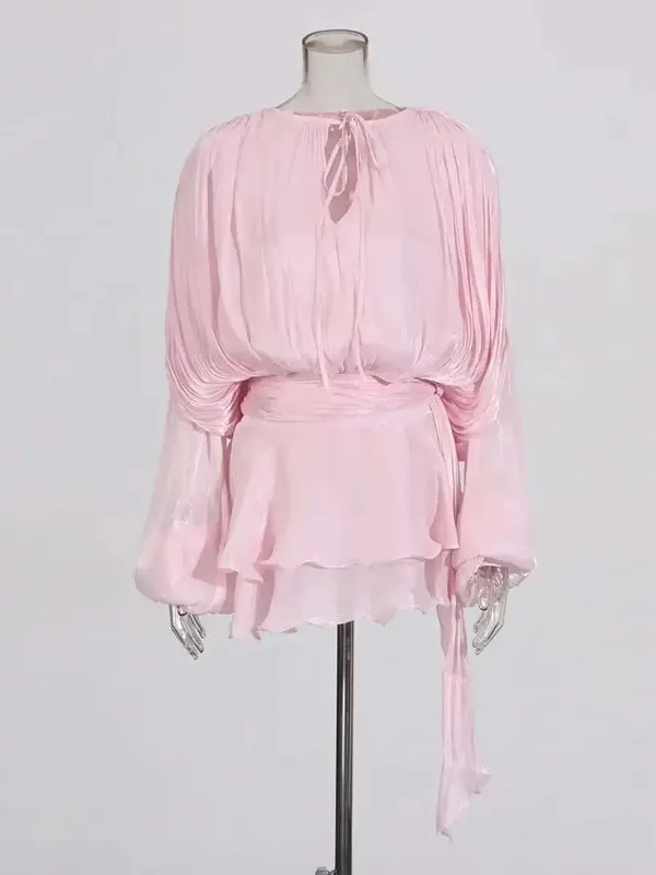 Solid Blouse Mini Dresses For Women V Neck Long Sleeve Spliced Lace Up Sweet Style Dress Female Clothing Fashion — image 11
