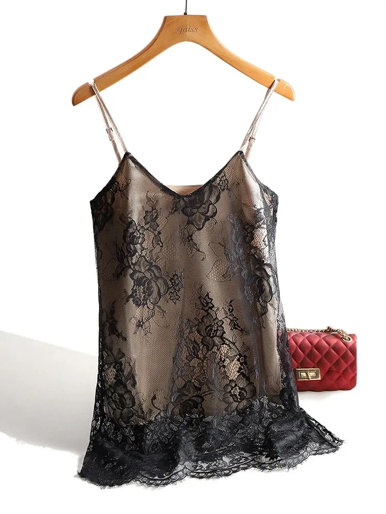 Sexy Lace Spaghetti Strap Top Women Halter V Neck Basic Cami Sleeveless Satin Silk Tank Tops Summer Camisole