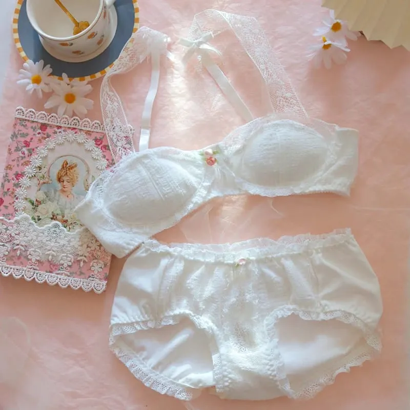 Vintage-Unterwäsche, Prinzessin, weiße Spitze, Dessous, Baumwolle, Bügel-BH und Höschen-Set, japanische kleine Brüste, sexy und niedliches Bralette — image 3