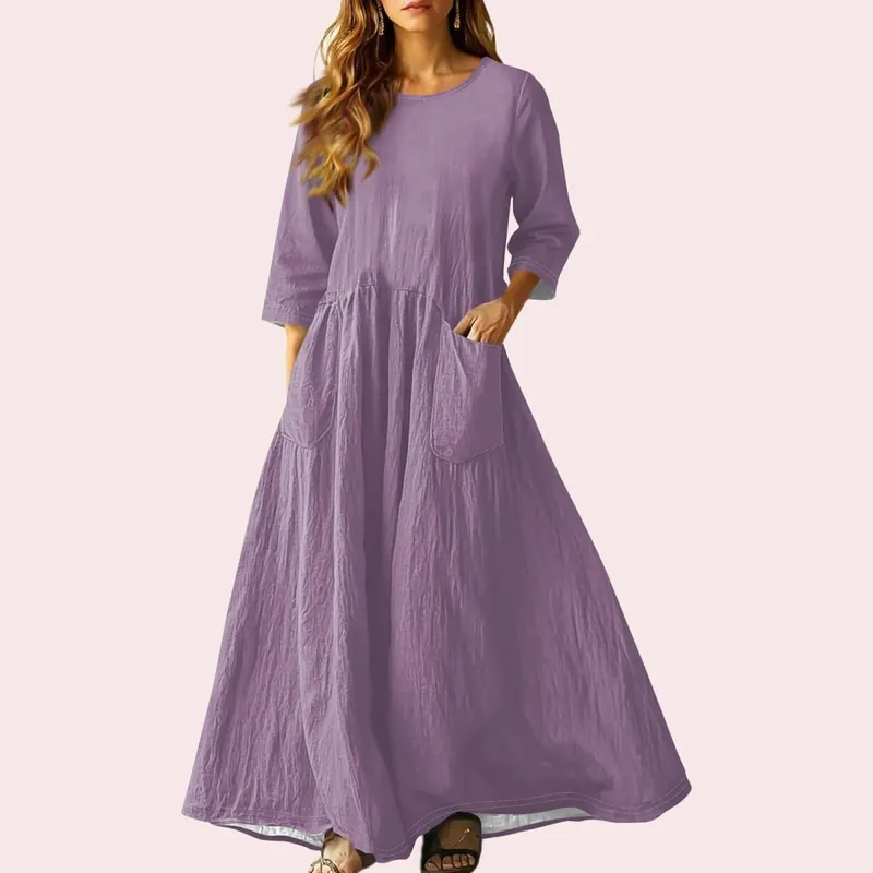 Women's Summer Loose Long Dresses Solid Color Three-quarter Sleeve Double Pocket Dress Loose Round Neck Linen Dress Vestidos — image 20