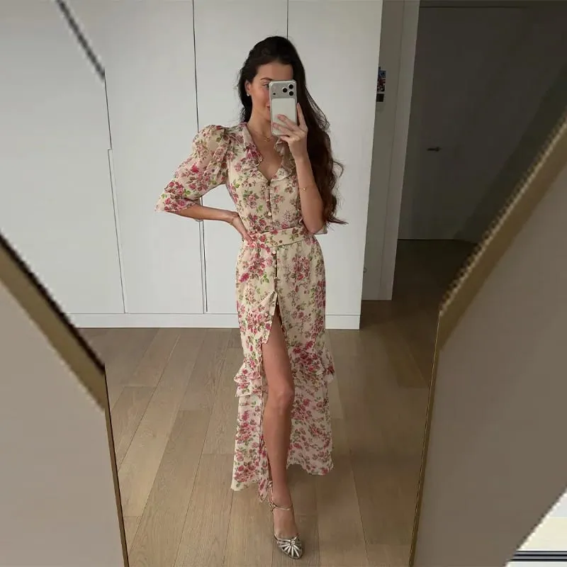 Abito lungo in chiffon con stampa floreale da donna Abito romantico con scollo a V profondo con maniche svolazzanti Abito alto e basso in pizzo 2026 Abito elegante da donna estivo — image 13