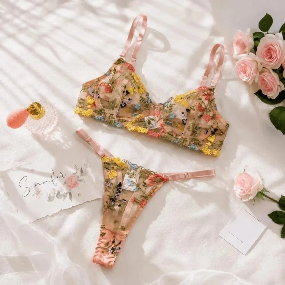 Versatile Transparent Lingerie Set Ultra-thin Elegant Embroidery Floral Underwear Push Up Panties Bra Set Women — image 3