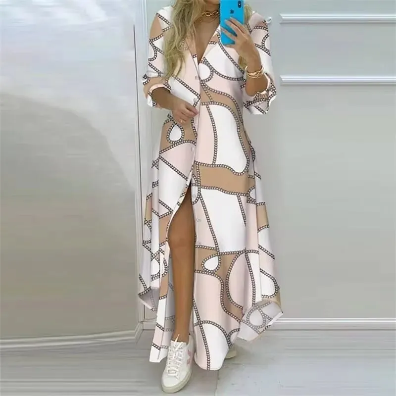 Summer Women Boho Printed Long Shirts Elegant Dress Turn-down Collar Long Sleeve Female Casual Split Shirt Evening Maxi Dresses — image 1