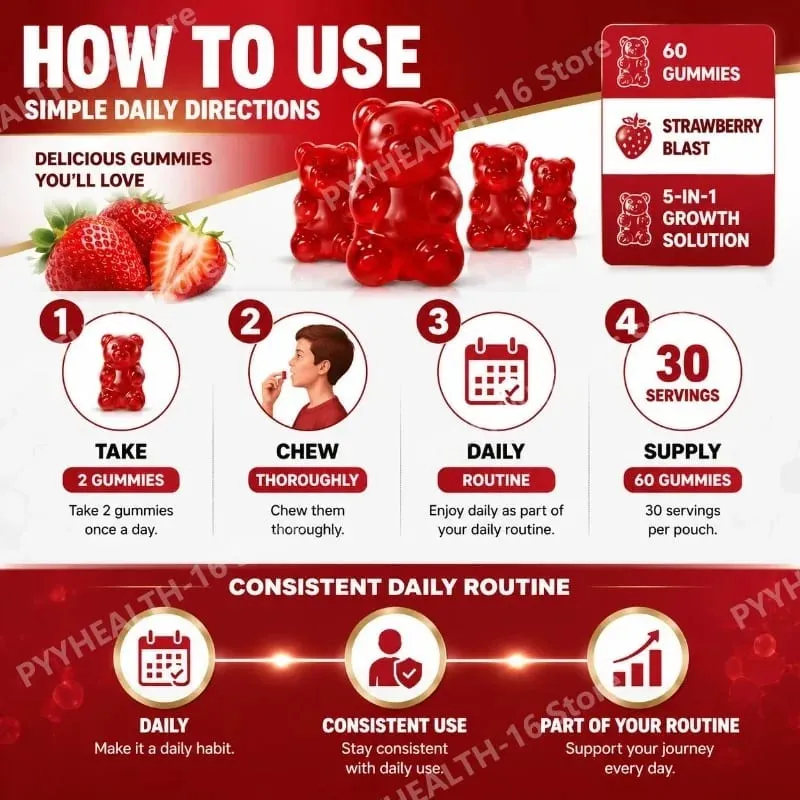 Googeer Solution de croissance 5 en 1 Gummies pour le développement osseux et le soutien de la taille Vitamine D3 K2 Calcium Strawberry Blast 60 Gummies — image 6