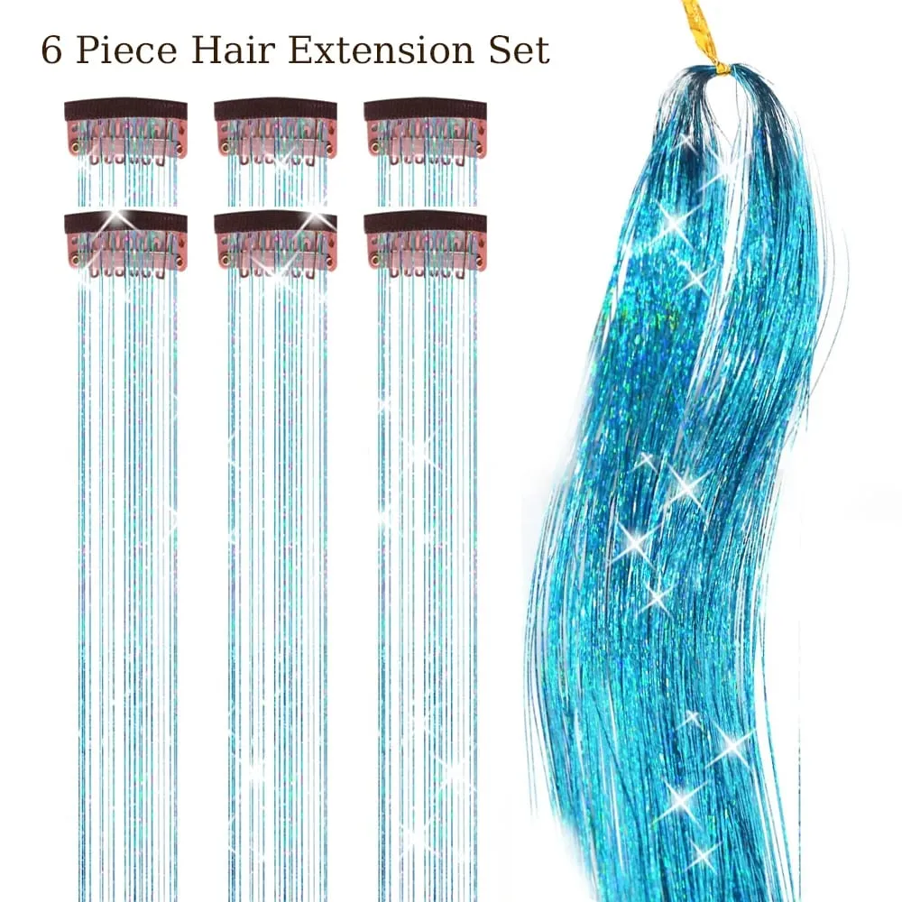 Balení 6ks Clip In Tinsel do vlasů 20palcový barevný třpytivý Tinsel Prodlužování vlasů Festivalový dárek Tinsel Fairy Hairpiece