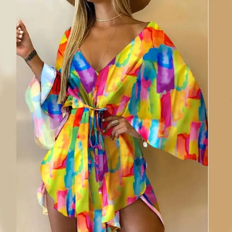 Color Printed Mini Dresses Women Spring Summer Long Sleeve V-neck Elastic Waist Ruffles Dress Fashion Trendy Ladies Vestidos — image 8