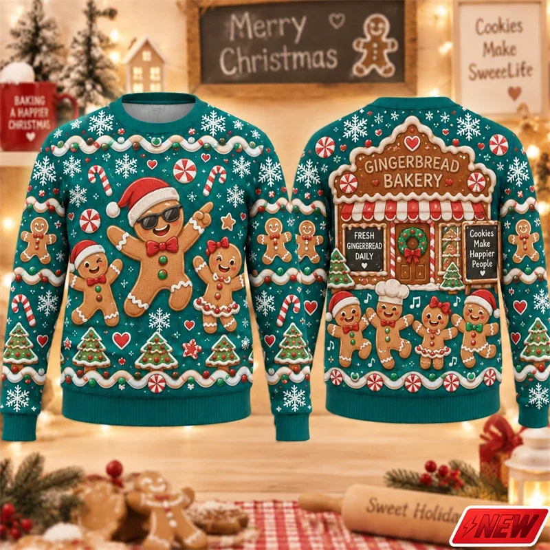 Christmas Ugly Sweater Men Holiday Gift Trendy 3D Print Funny Skateboarding Gingerbread Man House Pattern Pullover Unisex Hoodie