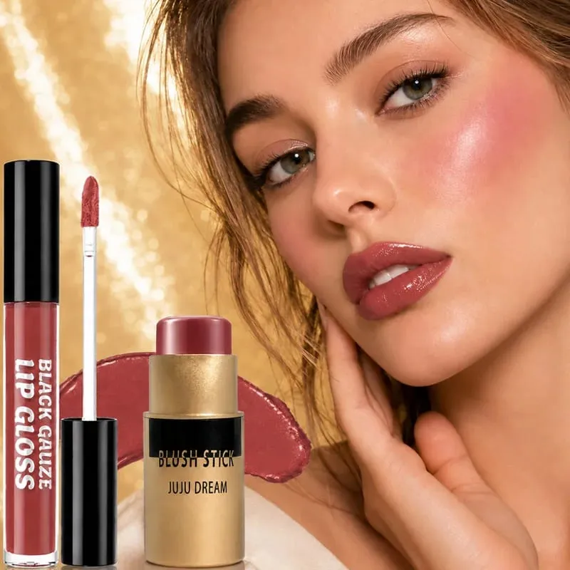 Lip Gloss and Blush Stick Set Waterproof Long Lasting Makeup Combo