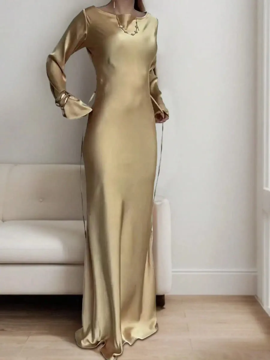 Abito lungo da donna in raso su misura con corsetto in vita, scollo rotondo classico e abito da sera di lusso con maniche svasate drammatiche — image 2