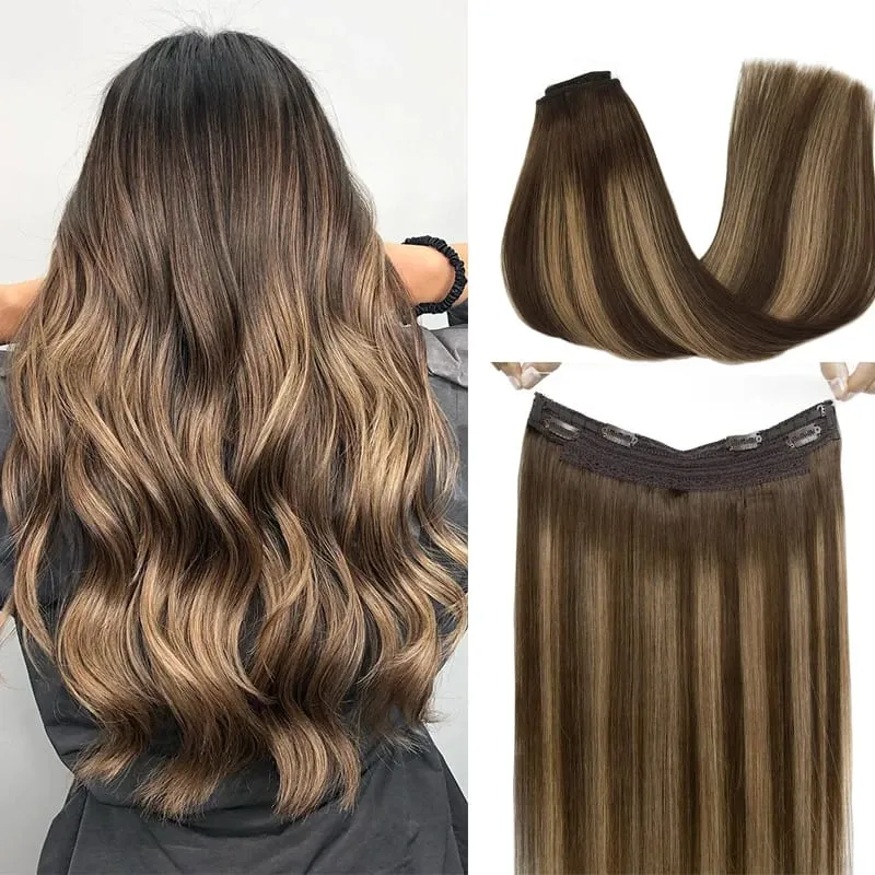 Sunmofavo Wire in Hair Extensions Real Human Hair Balayage Dark Brown to Chestnut Brown Invisible Fish Line Remy Blonde Weft