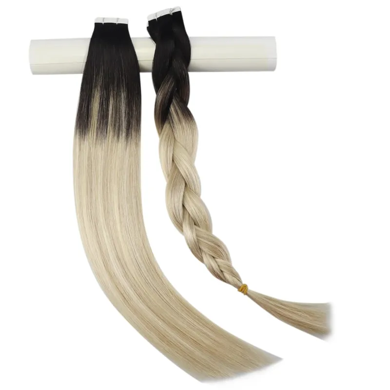 Moresoo Human Hair Extensions Tape in Invisible Balayage Hair Extensions 50G Machine Remy Straight Tape in Natural Straight Hair