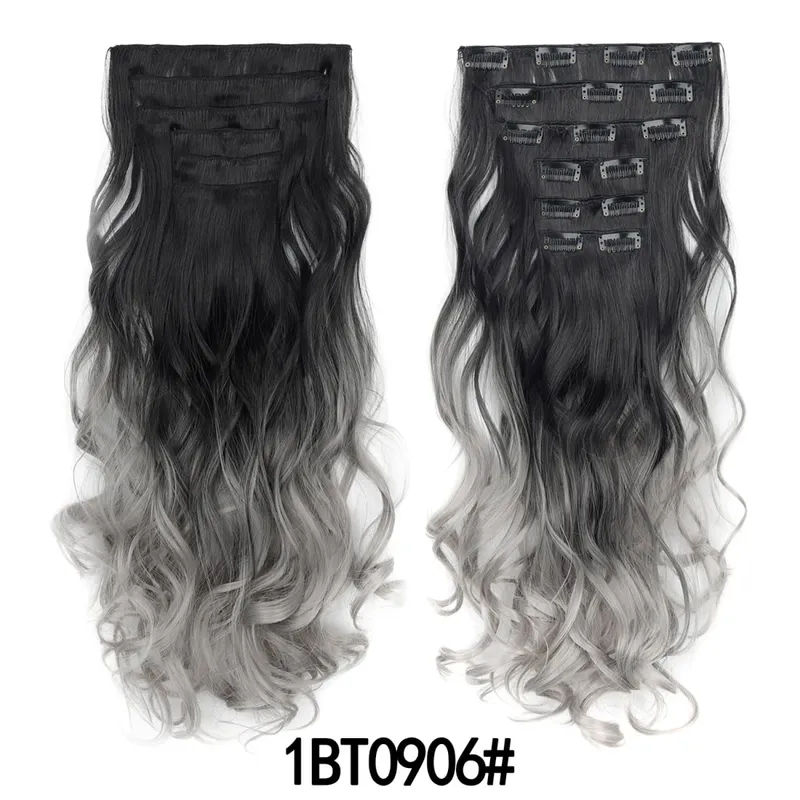 6PCS Set Hair Extensions Clip In Long Wavy Full Head Synthetic Brown Ombre Gradient Color Natural Look Soft For Women