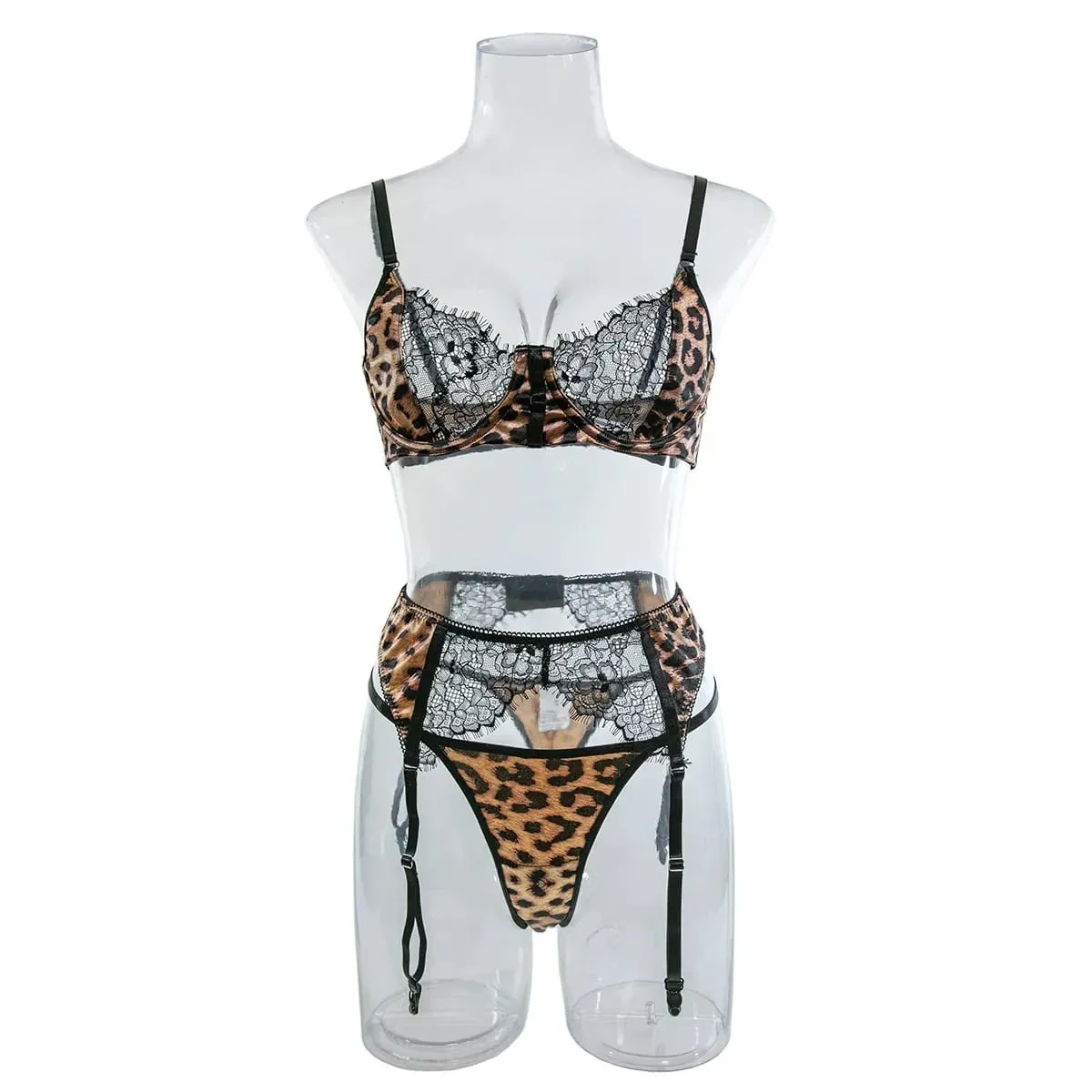 Sexy Wild Leopard Printed Lace Patchwork Lingerie Set Women Comfortable Three Piece Bra and Panty Set Female Exotic Apparel Suit — image 2