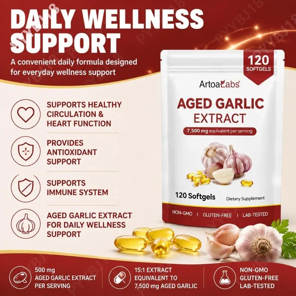 Aged Garlic Extract Softgels 7500mg Equivalent per Serving for Circulation & Heart Function Antioxidant & Immune Support 120Ct