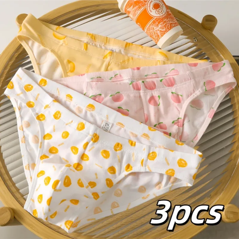 Dreierpack süße und personalisierte Herren-Slips aus bequemer, hautfreundlicher Baumwolle mit Fruchtdruck, atmungsaktive, niedrig sitzende Freizeitunterwäsche für junge Männer — image 2