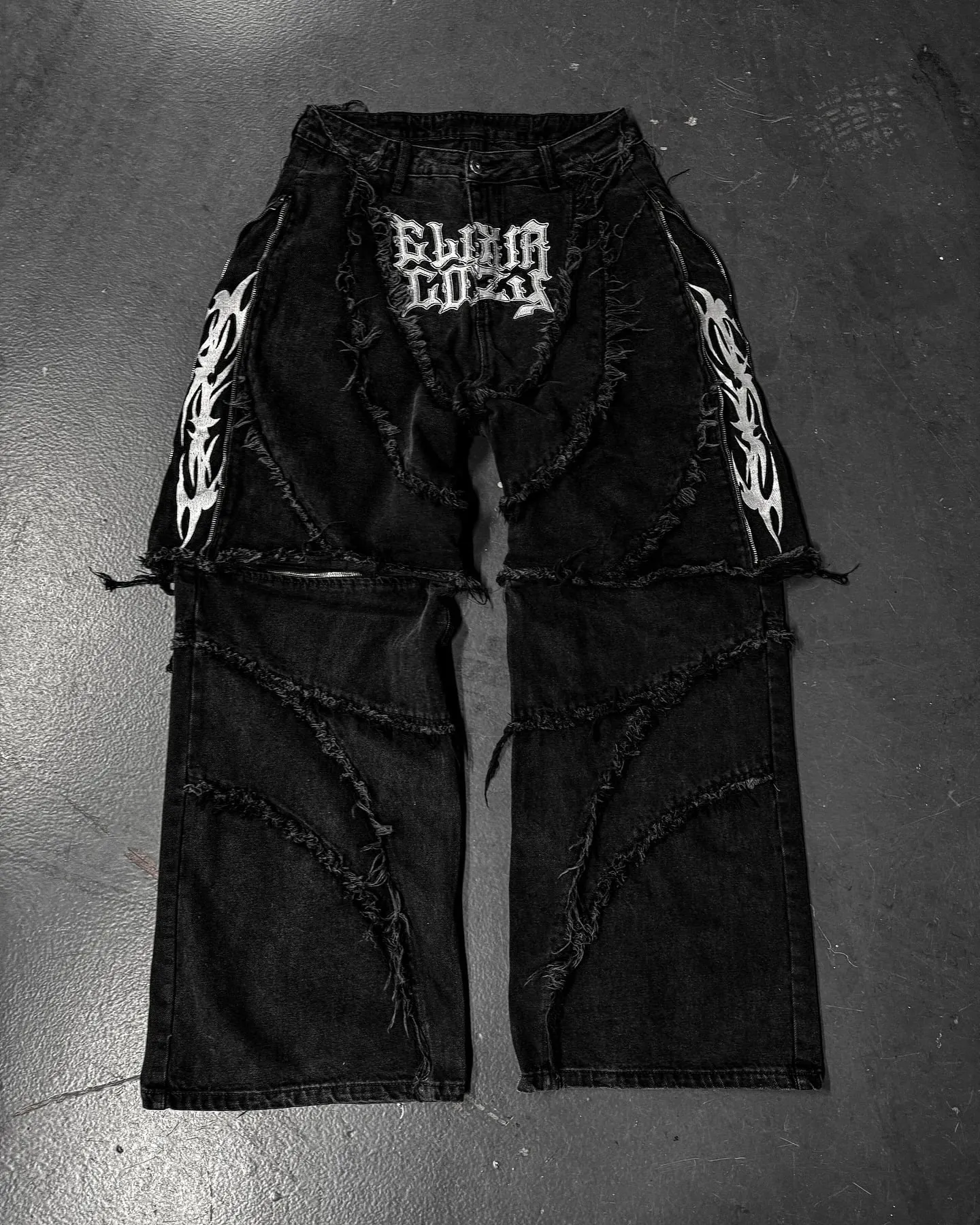 Elixir X Cozy Detachable Jeans Retro Punk Streetwear Ziipper Patchwork Stripe Denim Pants Men Black Baggy Hip Hop Splicing Jeans