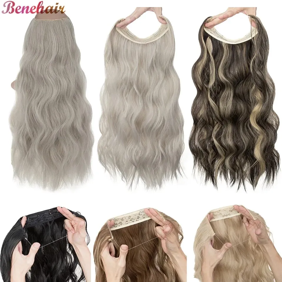 Synthetic Invisible Wire Hair Extensions Adjustable Long Clip in Wave Curly Secret Hairpiece for Women Fish Line Hair — image 1