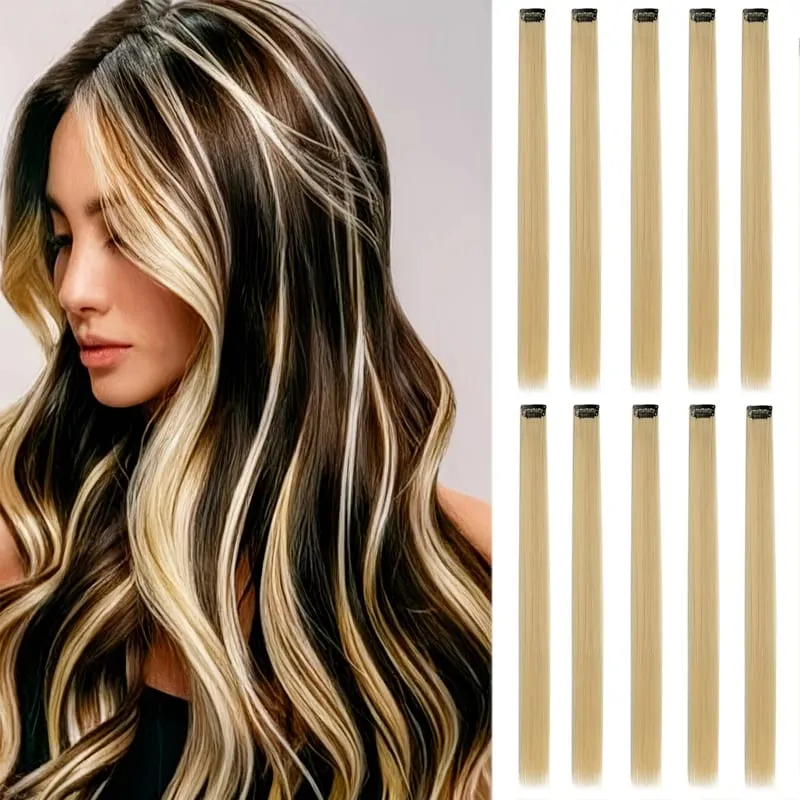 10Pcs Klip Berwarna 24 Inci Dalam Sambungan Rambut Potongan Rambut Serlahan Sintetik Lurus Untuk Pesta Cosplay Gadis — image 11